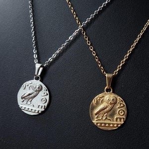 Athena Owl Necklace, Ancient Greek Coin Necklace, Ancient Greek Necklace, Greek Goddess Jewelry, Ancient Greece, Stainless Steel Jewelry