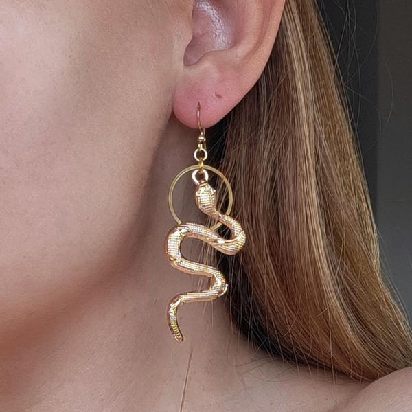 Hecate Gold Snake Earrings, Full Moon Goddess Jewelry, Witchy Serpents Earrings, Greek Mythology
