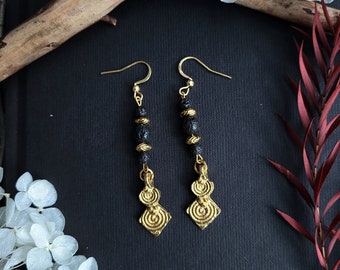Ancient Earrings with Lava Beads, Viking Wicca Pagan Fantasy Vikings Lagertha Freya Shieldmaiden Valkyrie Ancient Byzantine Style Gold