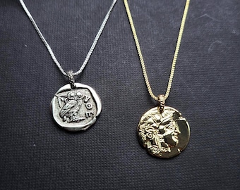 Collar de búho de Atenea de doble cara, dorado, joyería mitológica, plateado, colgante de moneda griega antigua histórica.