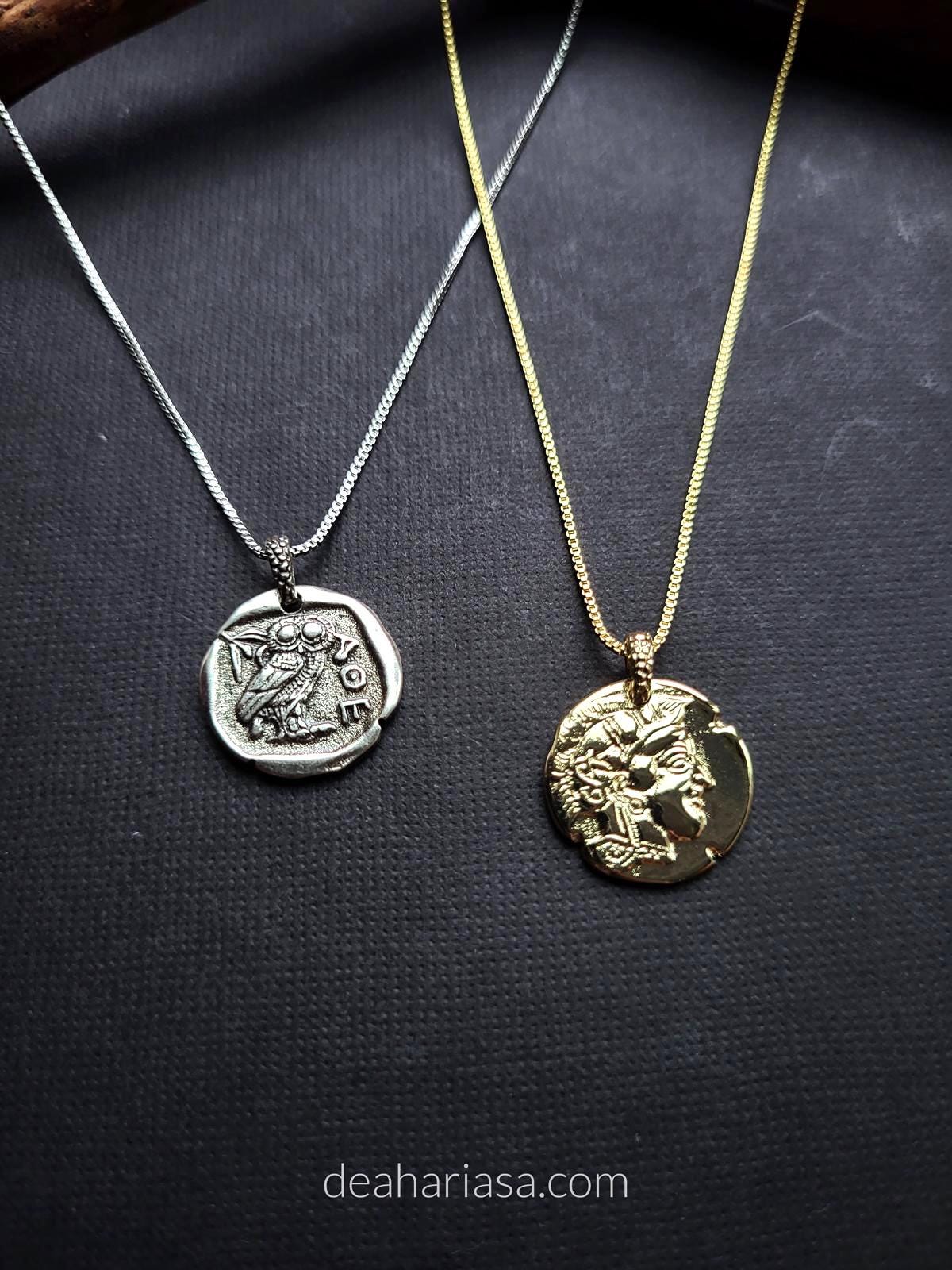 Double Sided Athena Owl Necklace Gold, Mythology Necklace Silver, Ancient Greek Coin Pendant, Histor