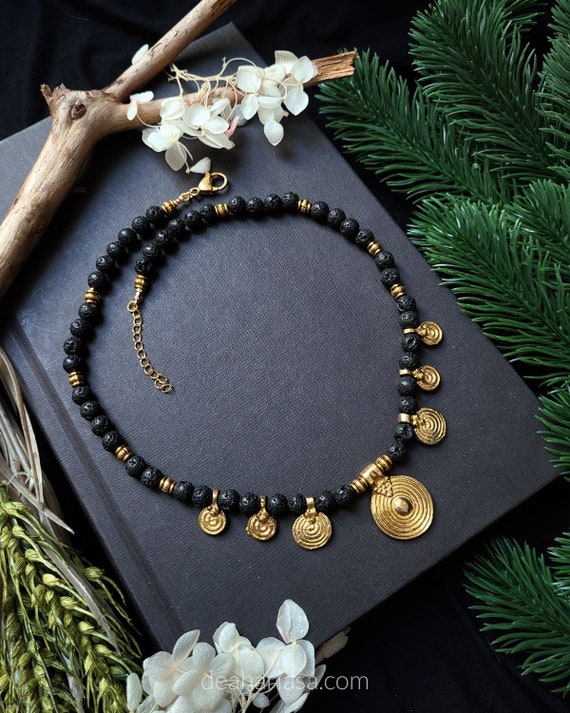 Ancient Viking Necklace with Lava Beads, Goddess Freya Brisingamen, Norse Shaman and Pagan Jewelry