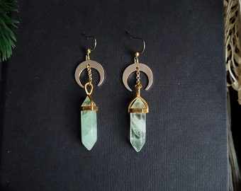 Orecchino verde fluorite Orecchini a mezzaluna lunare Oro Wicca Pagan Natura Strega Magica Elfi Fantasia Strega Magica Boho Etnico Trono di vetro