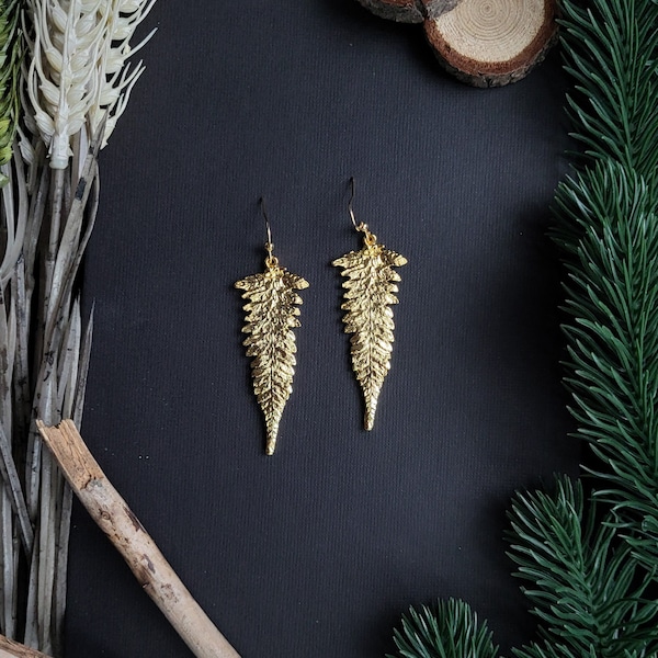 Gold Fern Leaf Earrings | Wanderlust Jewelry, Boho, Nature, Viking, Valkyrie, Norse Mythology, World Tree, Pagan, Wicca, Witch, Shieldmaiden