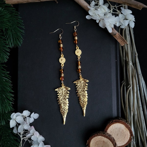 Gold Leaves of Yggdrasill Earrings with Amber | Fern Leaf Freya Viking Valkyrie Norse Mythology World Tree Pagan Wicca Witch Shieldmaiden