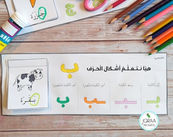 May include: A printable worksheet for learning the Arabic alphabet. The worksheet features the letter "B" in different forms, with illustrations of a cow and a carrot. The text on the worksheet reads "Heya nat'allem ashkal al-harf" which translates to "Let's learn the shapes of the letter".