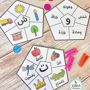 Peut inclure: Trois cartes éducatives pentagonales présentant des lettres et des chiffres arabes, chacune divisée en cinq sections avec des illustrations colorées d'objets comme un soleil, un camion, un tambour, un arbre, une bougie, une pomme, une figue, un crocodile, une couronne et une libellule.