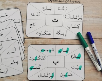 May include: A set of printable Arabic alphabet flashcards with a grid layout. Each card features a letter in the center and eight surrounding words that start with that letter. The words are written in Arabic script. The cards are printed on white paper and have a black border.