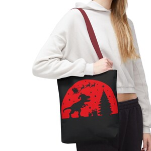 Funny T-Rex Christmas Santa Tote Bag, Holiday Gift, Dinosaur Lover, Festive Shopping Bag, Reusable Grocery Tote, Funny Xmas Present