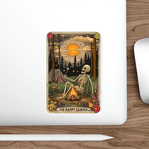 Autocollants squelettes Happy Camper, autocollants pour cartes de tarot, décalcomanies résistantes à l'eau, décoration de camping amusante, décalcomanies squelettes