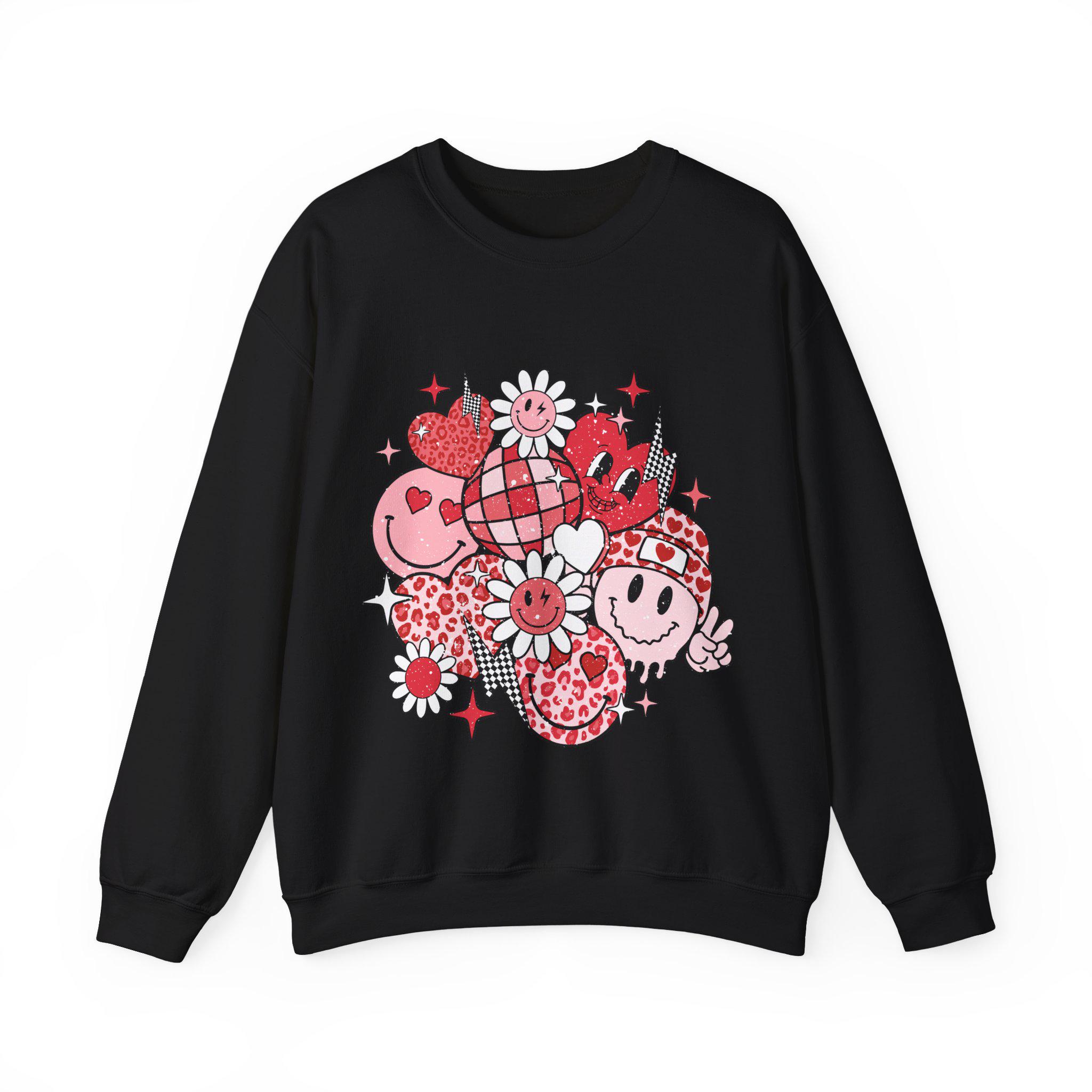 Retro Smiley Face Sweatshirt with Hearts and Flowers, Cute Valentine Graphic Pullover