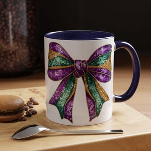 Mardi Gras Ceramic Coffee Mug, Bow Design, Coquette Theme, 11oz 15oz Mug, Fun Gift