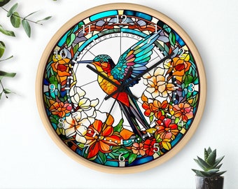 Schöner Kolibri umgeben von Blumen-Imitat-Buntglas - Premium Silent Wanduhr