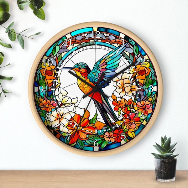 Beautiful Hummingbird Surrounded by Flowers Faux Stained Glass - Premium Silent Wall Clock