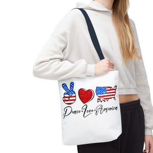 Patriotic Tote Bag, Peace Love America Glitter, USA, Patriotic Tote, American Flag Bag, Independence Day Gift, Patriotic Accessories