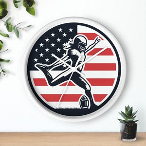 Football Girl Player American Flag Wall Clock, Sports Fan Gift, Patriotic Home Decor, Unique Bedroom Clock, Game Room Decoration