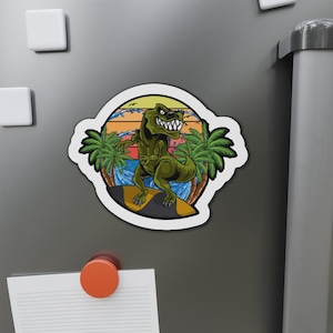 Gestanste magneet T-Rex Surfing: grappig dino-koelkastdecor