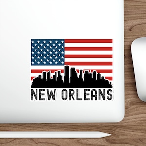 Adesivi fustellati con bandiera americana raffigurante il paesaggio urbano di New Orleans, decorazioni della Louisiana, decalcomanie resistenti all&#39;acqua, souvenir di viaggio, decalcomanie per laptop