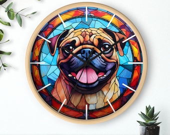 Pug Dog Faux Stained Glass Art - Premium Silent Wall Clock