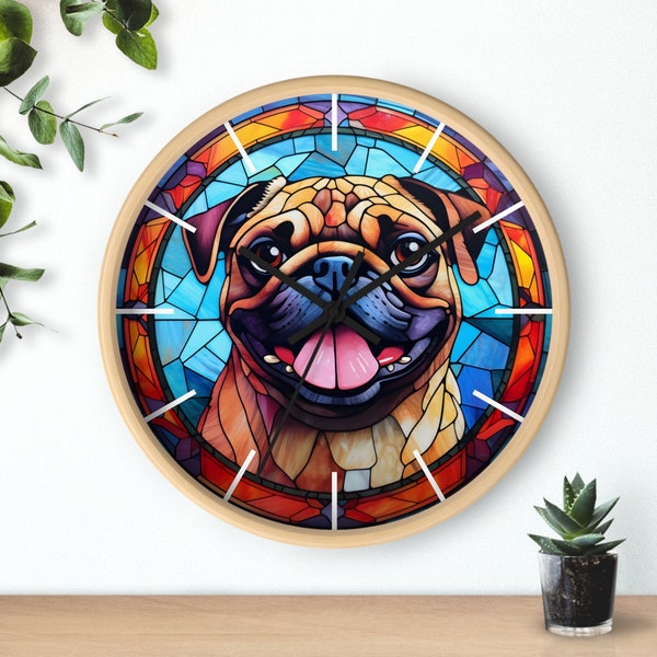 Pug Dog Faux Stained Glass Art - Premium Silent Wall Clock