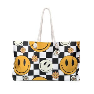 Happy Vibes Weekender Bag, Smiley Face Tote, Travel Bag, Beach Bag, Gift for Friends, Positive Energy Bag
