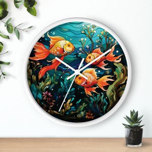 Colorful Goldfish Wall Clock, Stained Glass Effect, Unique Home Decor, Nautical Gift, Vibrant Room Accent, Animal Wall Art, Aquatic Theme