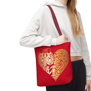 Christmas Doodle Heart with Bow Tote Bag, Festive Holiday Carryall Accessory, Xmas Gift, Shopping Tote, Reusable Grocery Bag, Stylish Bag