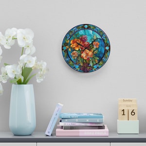 Floral Faux Stained Glass Wall Clock: Modern Flower Design