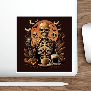 Halloween Psychedelic Skeleton Stickers, Water-Resistant Die-Cut, Coffee-Drinking Skeleton, Artistic Decals