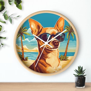 Funny Chihuahua Wall Clock, Tropical Home Decor, Dog Lover Gift, Beach House Wall Art, Stylish Pet Clock, Fun Animal Decor