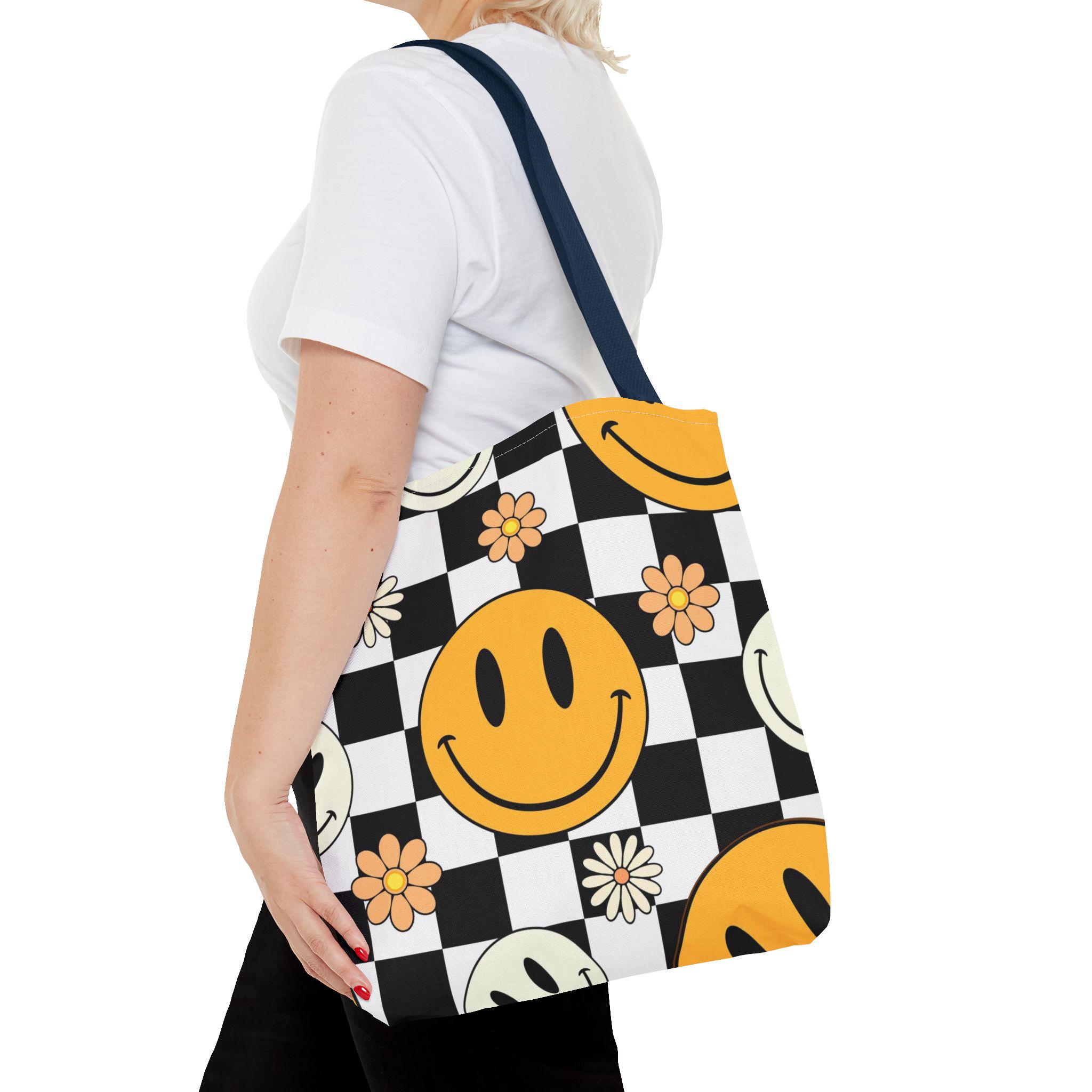 Smiley Face Checkered Tote Bag, Fun Happy Check Pattern