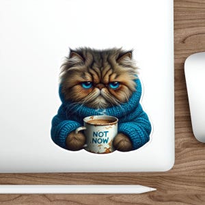 Grumpy Persian Cat Die-Cut Stickers, Cozy Sweater, Coffee Sticker, Funny Laptop Decals