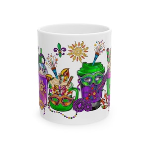 Mardi Gras Coffee Cups, 11oz Ceramic Mug, Fleur de Lis, Festive Drinkware, Gift for Coffee Lovers, Mardi Gras Party Supplies, Kitchen Decor,