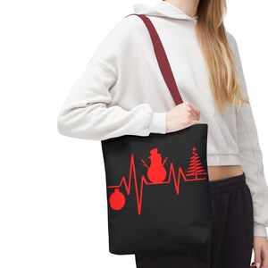 Heartbeat Design Tote Bag, Christmas Ornament Carryall, Snowman Tote, Christmas Tree Shopper, Holiday Gift Bag