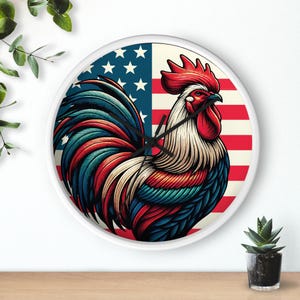 Patriotic Rooster Wall Clock, American Flag Home Decor, Quiet Non-Ticking Clock, USA Theme Gift, Farmhouse Kitchen Clock