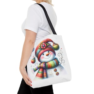 Joyful Snowman Tote Bag, Winter Holiday Shopping Beach Reusable Bag, Gift for Christmas, Eco-Friendly Grocery Bag, Cute Snowman Tote