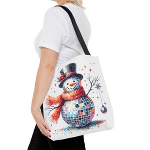Disco Snowman Holiday Celebration Tote Bag, Christmas Party Shoulder Bag, Festive Winter Snowman Market Tote, Holiday Shopping Bag,