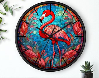 Beautiful Pink Flamingo Faux Stained Glass Art - Premium Silent Wall Clock