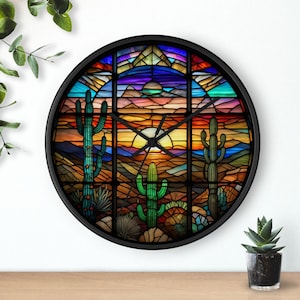 Desert Cactus Faux Stained Glass Wall Clock: Southwest Home Decor
