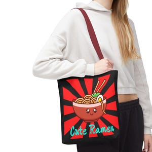 Kawaii Ramen Tote Bag, Anime Japanese Noodle Shoulder Bag, Cute Red Striped Purse, Eco-Friendly Reusable Grocery Bag, Fun Asian Food Market
