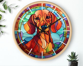 Horloge murale chien teckel : effet vitrail, décoration d&#39;intérieur silencieuse