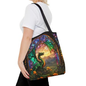 Dragon Stained Glass Effect Tote Bag, Colorful Carryall, Fantasy Tote, Magical Shoulder Bag, Unique Tote
