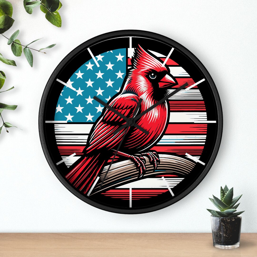 Red Cardinal Bird Silent Wall Clock, American Flag Design, Patriotic ...