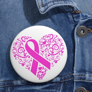 Cancer Awareness Pin Buttons, Pink Ribbon Pin, Heart Support Button, Charitable Pin, Fundraising Accessory, Awareness Gift