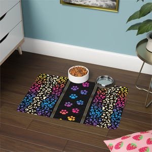 Colorful Paw Prints Pet Food Mat, Rainbow Dog Paw Design, Dog Lover Gift, Waterproof Mat, Puppy Feeding Mat, Cute Animal Decor, Non-Slip Mat