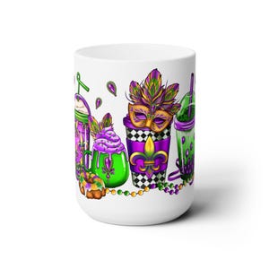 Mardi Gras Coffee Mug 15oz, Ceramic Mug, Fleur De Lis Design, Mask Beads, Festival Mug, Party Mug, Celebration Mug