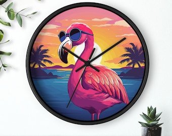Pink Flamingo Wall Clock, Tropical Beach Sunset Decor, Flamingo Lover Gift, Silent Clock, Unique Home Decor, Beach House Decor