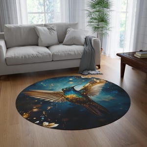Whimsical Hummingbird Round Rug, Boho Floor Decor, Living Room Accent, Nature Lover Gift, Eco-Friendly Home, Vibrant Area Mat