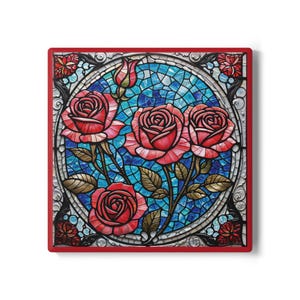 Roses Stained Glass Effect Ceramic Coaster: Vintage Floral Decor