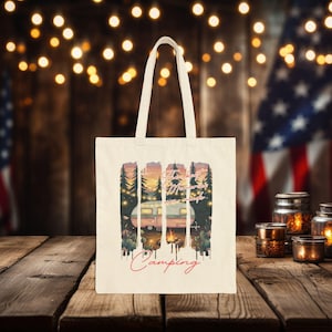 Camping Adventure Cotton Canvas Tote Bag, Eco-Friendly Tote, Summer Camping Bag, Travel Gift, Outdoor Supplies, Reusable Shopping Bag